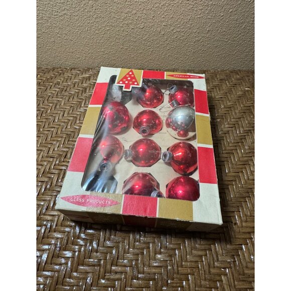 Vintage 1950s Glass Christmas Ornaments Red & Silver Set Of 11 - Picture 2 of 13